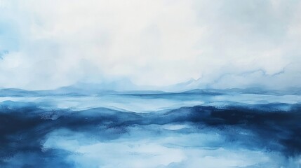Fototapeta premium Abstract blue watercolor landscape painting of mountains and sea.