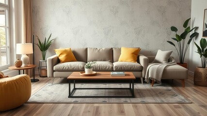 Fototapeta premium Cozy living room with a stylish sofa, coffee table, and rug, interior, couch