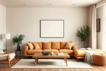Cozy living room with modern furniture and warm tones, lighting, aesthetic