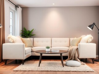 Cozy living room with plush sofa, fluffy pillows, warm lighting, and soft rug, modern, sofa