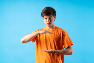 Young person expressing various emotions and body pains, pointing, using a cellphone, with colored...