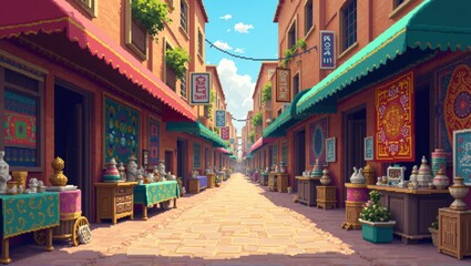 Fototapeta premium A vibrant Mediterranean-style market street with colorful shops, ceramic pots, plants, and cozy outdoor decor under a sunny sky, exuding charm and tranquility. Generative, AI,