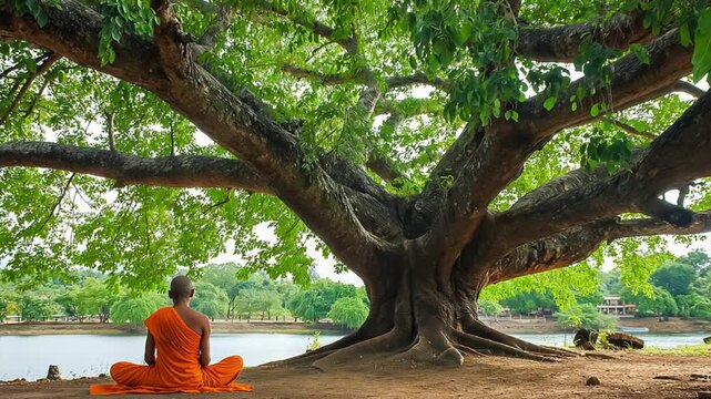 Monk Meditating Under the Sacred Bo Tree