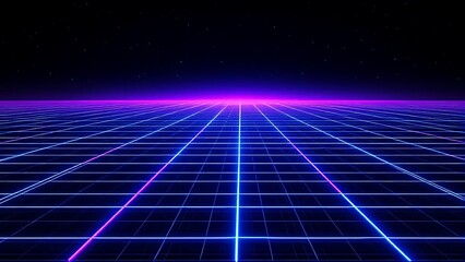 Abstract digital grid with neon blue and purple lines forming a futuristic landscape, visualizing advanced technology, digital networks, and cutting-edge design in a high-tech world.