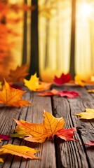 Autumn Table - Orange Leaves And Wooden Plank At Sunset In Forest