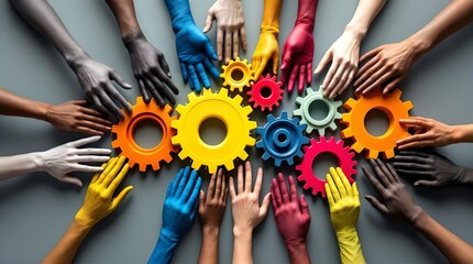 Diverse Hands Interlocked Around Colorful Intermeshing Gears Symbolizing Teamwork, Collaboration, and Unity