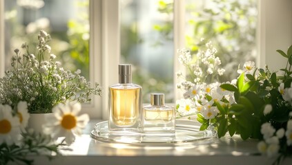 Floral Scented Perfume Bottles on Window Sill
