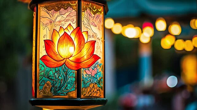 Glowing Vesak Lantern at Night