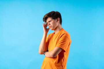 Young person expressing various emotions and body pains, pointing, using a cellphone, with colored...