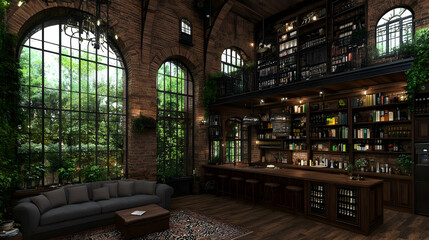 Interior design of a modern living room in a farmhouse or country style home. With its earthy hues, grey sofa, and wooden textures, this modern rustic lounge creates a warm and welcoming atmosphere.