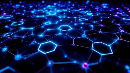 Obraz premium Abstract hexagonal data matrix with glowing lines, visualizing digital networks, data flow, and technology in a futuristic, high-tech environment with dynamic geometric patterns.
