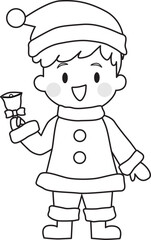 Line drawing of a boy wearing Santa costume smiling and holding a bell. Christmas. Cute. Vector Illustration	