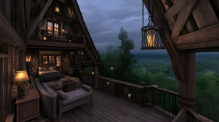 Fototapeta premium Interior design of a modern living room in a farmhouse or country style home. With its earthy hues, grey sofa, and wooden textures, this modern rustic lounge creates a warm and welcoming atmosphere.