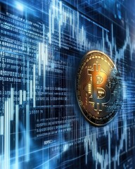 Dynamic bitcoin coin glowing amidst data lines financial market digital artwork futuristic viewpoint cryptocurrency concept