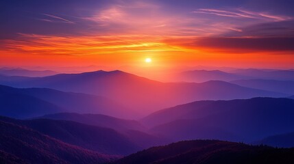 Blazing sunset over jagged mountains nature landscape vivid skies at dusk peaceful environment scenic viewpoint