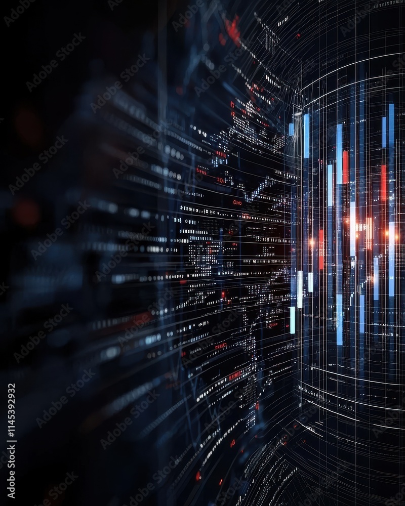 Poster dynamic vertical abstract data visualization action in a digital environment with futuristic perspec