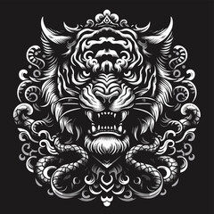 A fierce, close-up black and white illustration of a tiger's head.