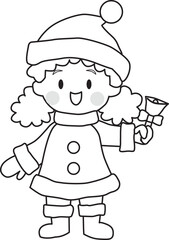 Line drawing of a girl wearing Santa costume smiling and holding a bell. Christmas. Cute. Vector Illustration.	