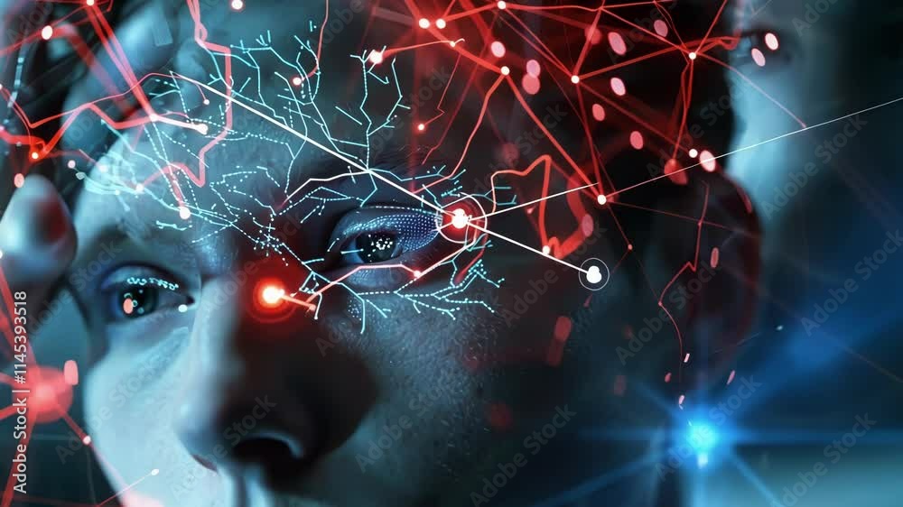 Poster man is experiencing a brain computer interface with glowing neural networks surrounding his head. th