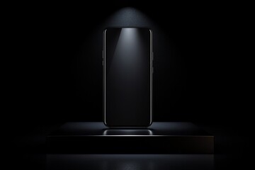 A sleek smartphone displayed under dramatic lighting on a pedestal.