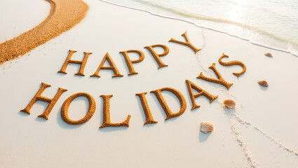 Festive and smooth happy holidays inscription with sand iunder tropical sun 