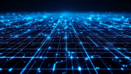 Obraz premium Blue and black digital grid with glowing data points, visualizing data flow, technology, and modern digital networks in a futuristic, high-tech environment with dynamic connectivity.