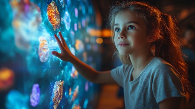 Futuristic classroom where children collaborate on projects using touch screens and tablets with their teacher guiding them through an engaging technologydriven lesson