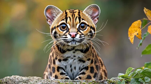 The front view of a sitting ocelot reveals its sleek fur pattern, large expressive eyes, pointed ears, and delicate whiskers, creating an overall appearance that is both elegant and charming.