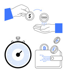 Hands exchanging currency crypto tokens dropping into a hand stopwatch digital wallet with tokens. Ideal for fintech, crypto, digital transactions, timing, finance, blockchain, technology. Line