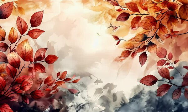 Watercolor painting of autumn leaves on branches against a light background with dark ink splatter.