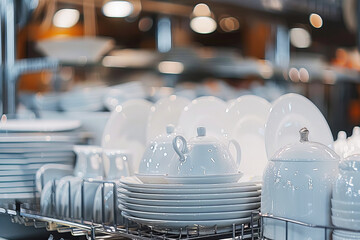 Sparkling Clean White Dishes Inside of a Residential Dishwasher, Ready for Family Dinners at Home
