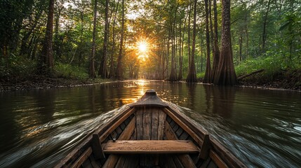 Sunrise view from a wooden boat on a calm river in a lush forest.