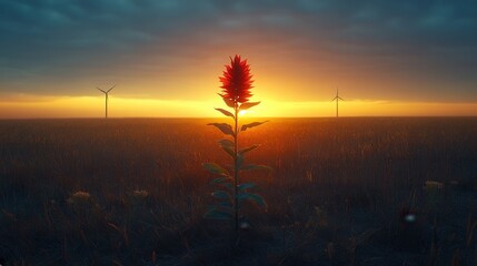 A vibrant flower stands against a sunset, with wind turbines in the background.