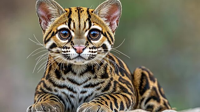 The front view of a sitting ocelot reveals its sleek fur pattern, large expressive eyes, pointed ears, and delicate whiskers, creating an overall appearance that is both elegant and charming.