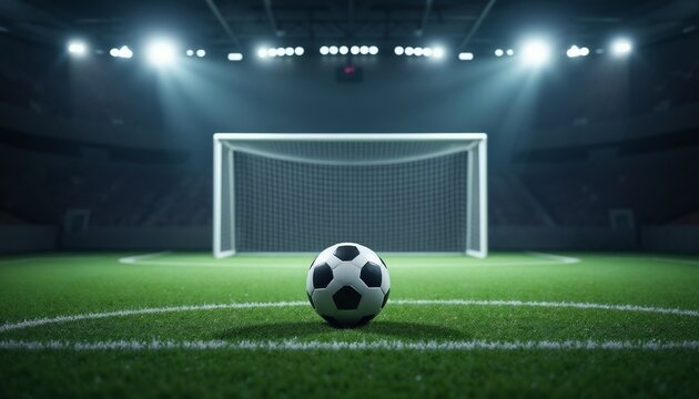Football field with ball under stadium lights in the evening.Sports event, football match, promotion, sports marketing, advertisement, stadium scene.Competition. Energy. Passion.

