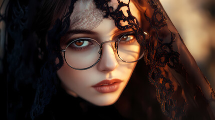 Sophisticated gothic woman wearing round glasses and a black lace veil in a soft-lit ambiance. Veil. Illustration