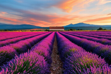 Obraz premium A Breathtaking Lavender Field at Sunset: Purple Paradise in Provence