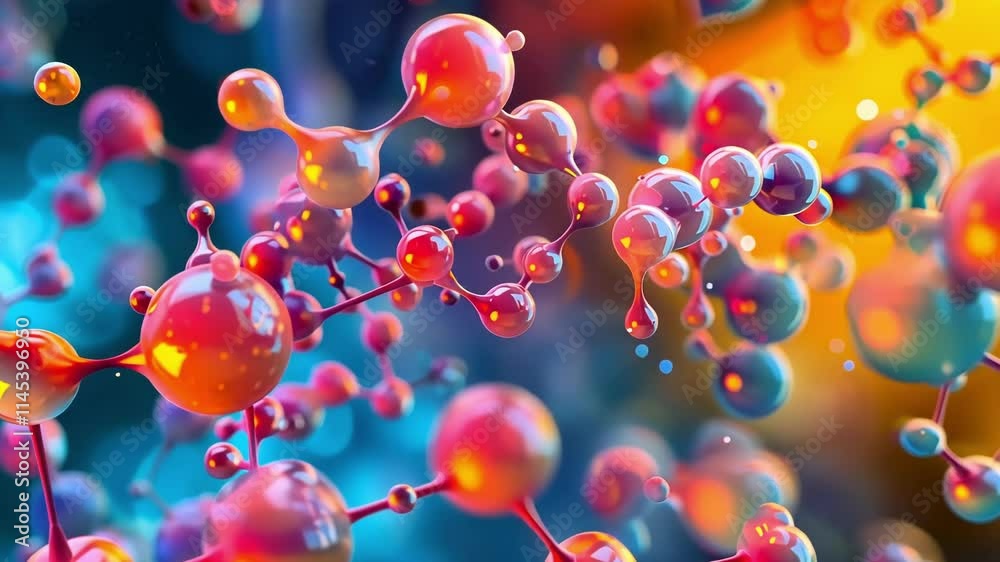 Poster complex network of interconnected spheres forming a colorful molecular structure, representing scien