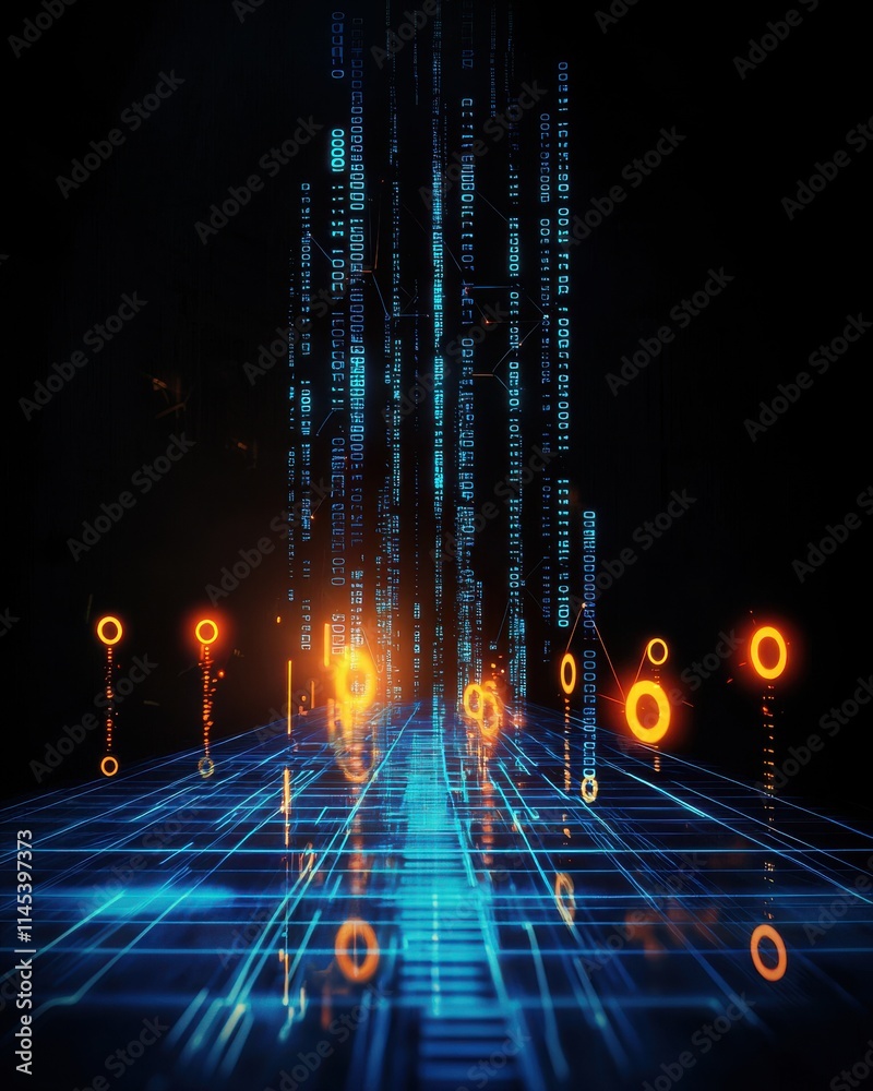 Poster dynamic data streams flowing vertically digital realm abstract visual futuristic environment high-te