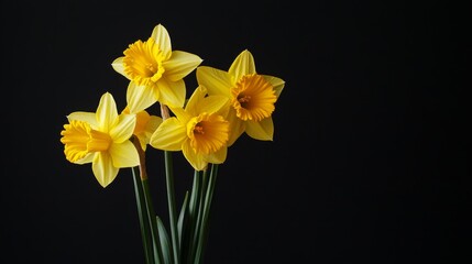 Fototapeta premium A bouquet of fresh daffodils arranged against a clean black backdrop, close-up shot, Minimalist style