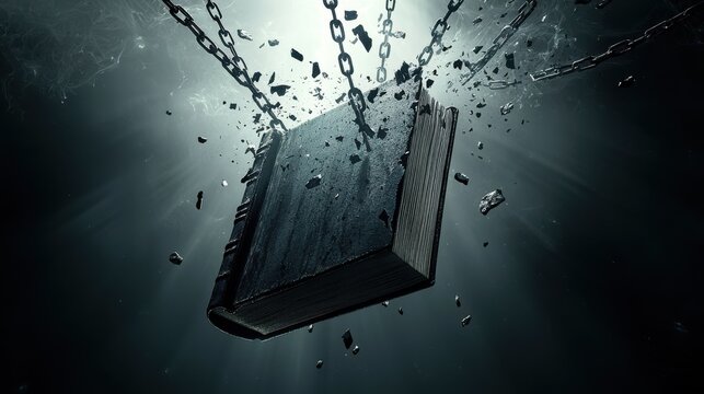 Breaking chains a book suspended in midair surreal scene dark environment cinematic viewpoint
