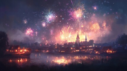 Fototapeta premium Festive Fireworks Over a Picturesque Village By The Lake