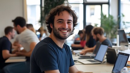 Startup founder smiling confidently in AI generated illustration