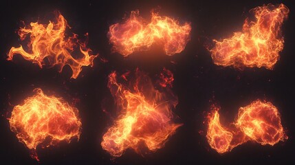 Fototapeta premium Collection of eight fiery flames isolated on black background, perfect for design elements.