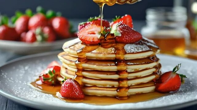 Delicious pancakes topped with fresh strawberries and honey syrup, dusted with powdered sugar.