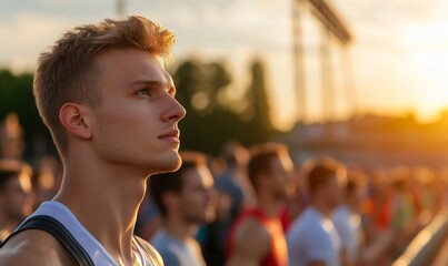 Young man gazing thoughtfully at a sunset during a crowd event.