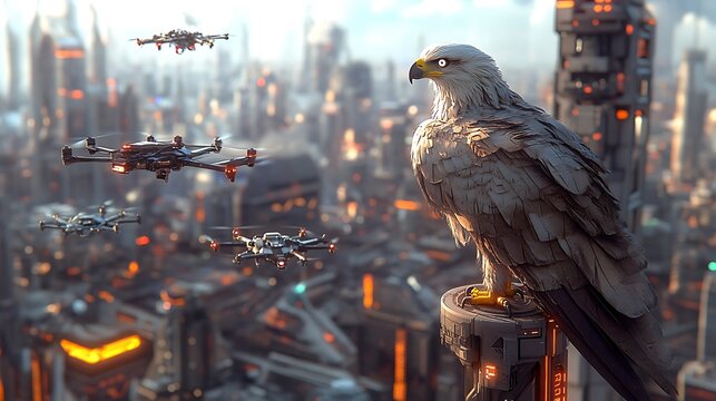 Eagle Perched Above Futuristic Cityscape Drones