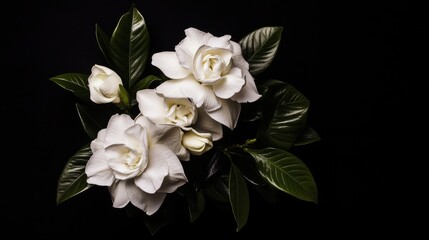 Fototapeta premium A bouquet of fresh gardenia flowers arranged against a clean black backdrop, macro shot, Minimalist style
