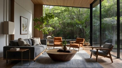 Obraz premium Modern Home Living Room in Luxury Hotel Style, Japanese and Australian-Inspired Design with Natural Materials, Earthy Tones, and Scenic Views (AI-Generated)