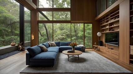 Fototapeta premium Modern Home Living Room in Luxury Hotel Style, Japanese and Australian-Inspired Design with Natural Materials, Earthy Tones, and Scenic Views (AI-Generated)